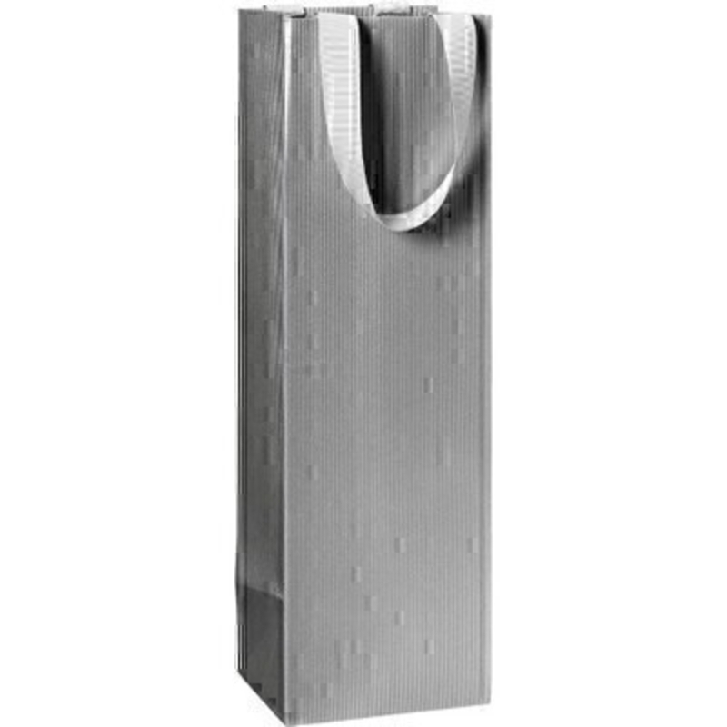 Silver Christmas Bottle Bag Silver bottle bag ideal for using at Christmas to give someone a bottle of wine or fizz.  Comes in a solid silver colour with silver ribbon handles.  Approx size 11 x 10.5 x 36cm